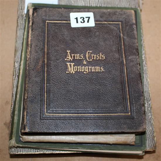 2 albums of arms monograms, 2 drawing books, pressed ferns, etc